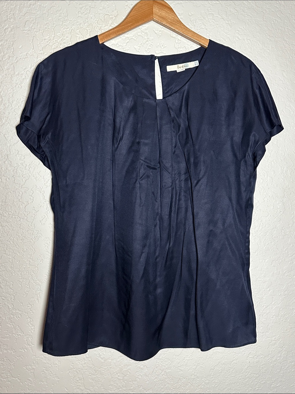 Boden Navy Short-Sleeve Pleated Front Blouse Top Silk Blend Preppy Minimalist